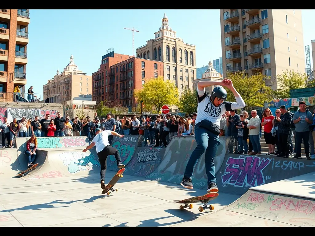 A vibrant skateboarding competition with participants performing tricks in an urban setting, surrounded by enthusiastic spectators.