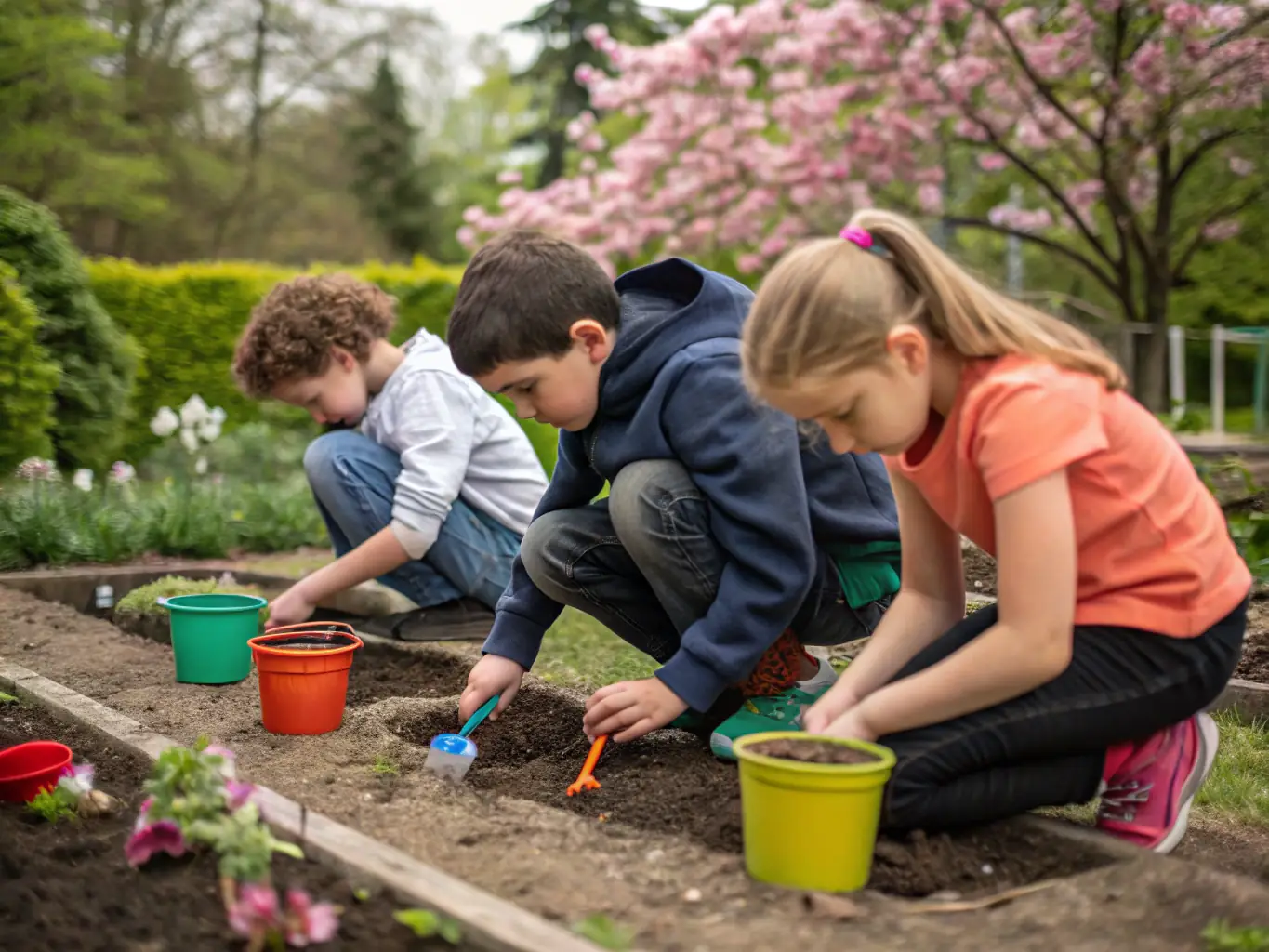 A group of students collaboratively working on a school garden project, showcasing teamwork and community engagement, with vibrant greenery and smiling faces.