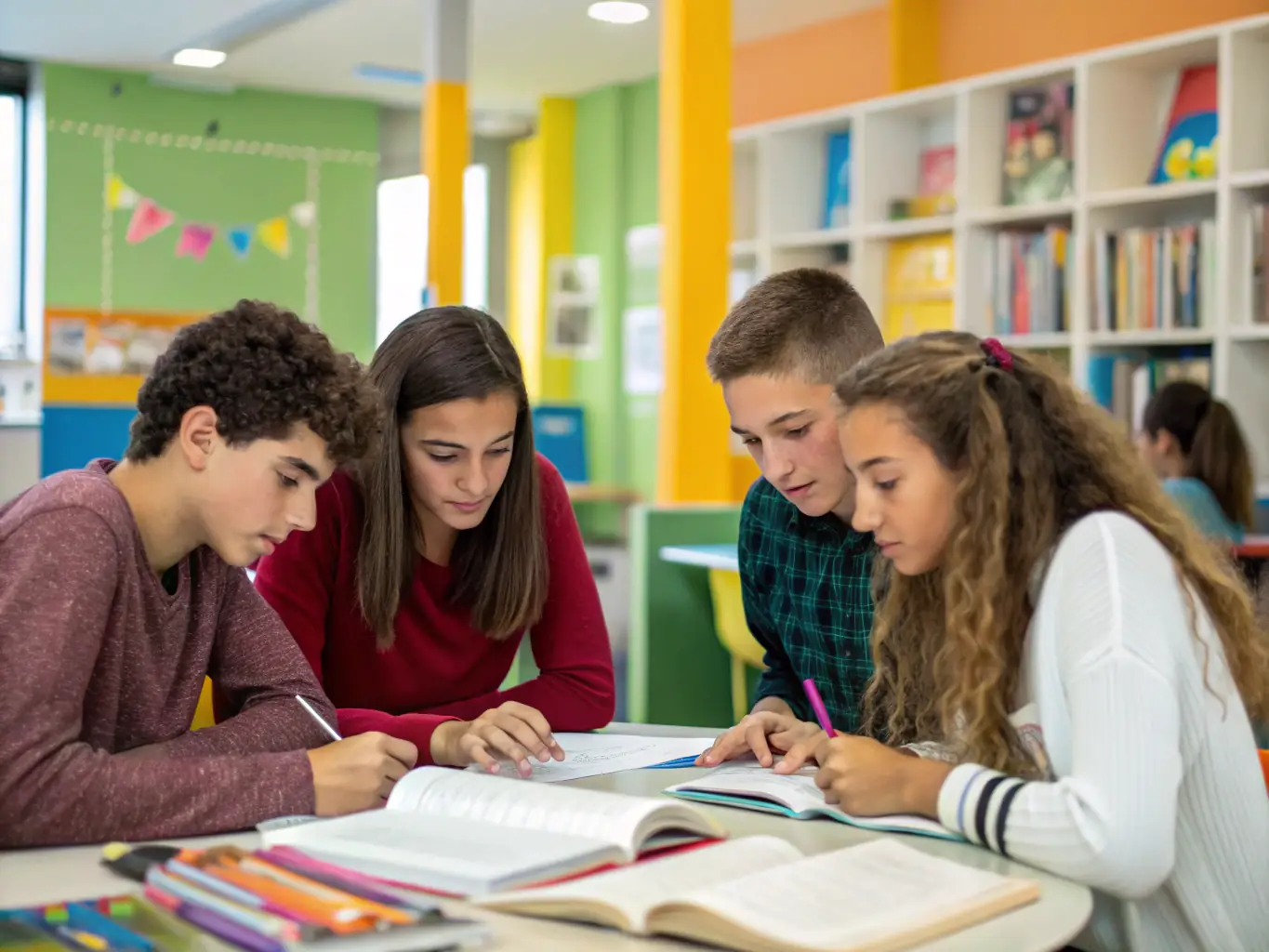 An image of students collaborating around a cooperative project in a school setting, showcasing teamwork and engagement.