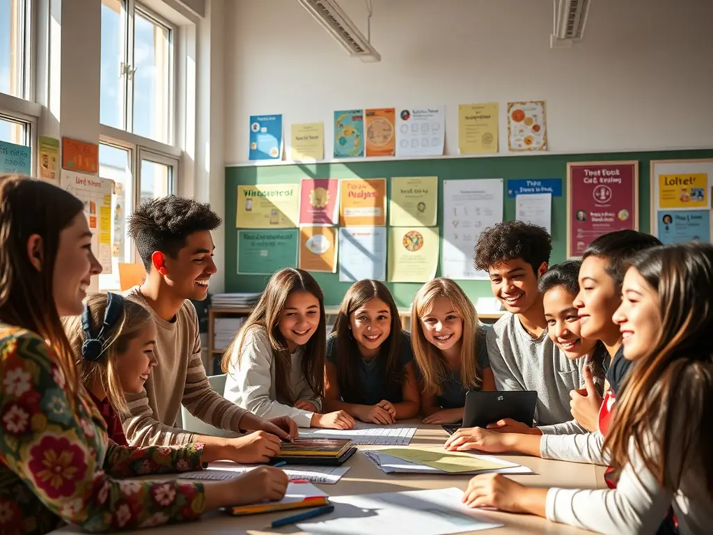 A classroom scene where students are actively participating in a cooperative learning activity, demonstrating teamwork and problem-solving skills, with a teacher facilitating the session.