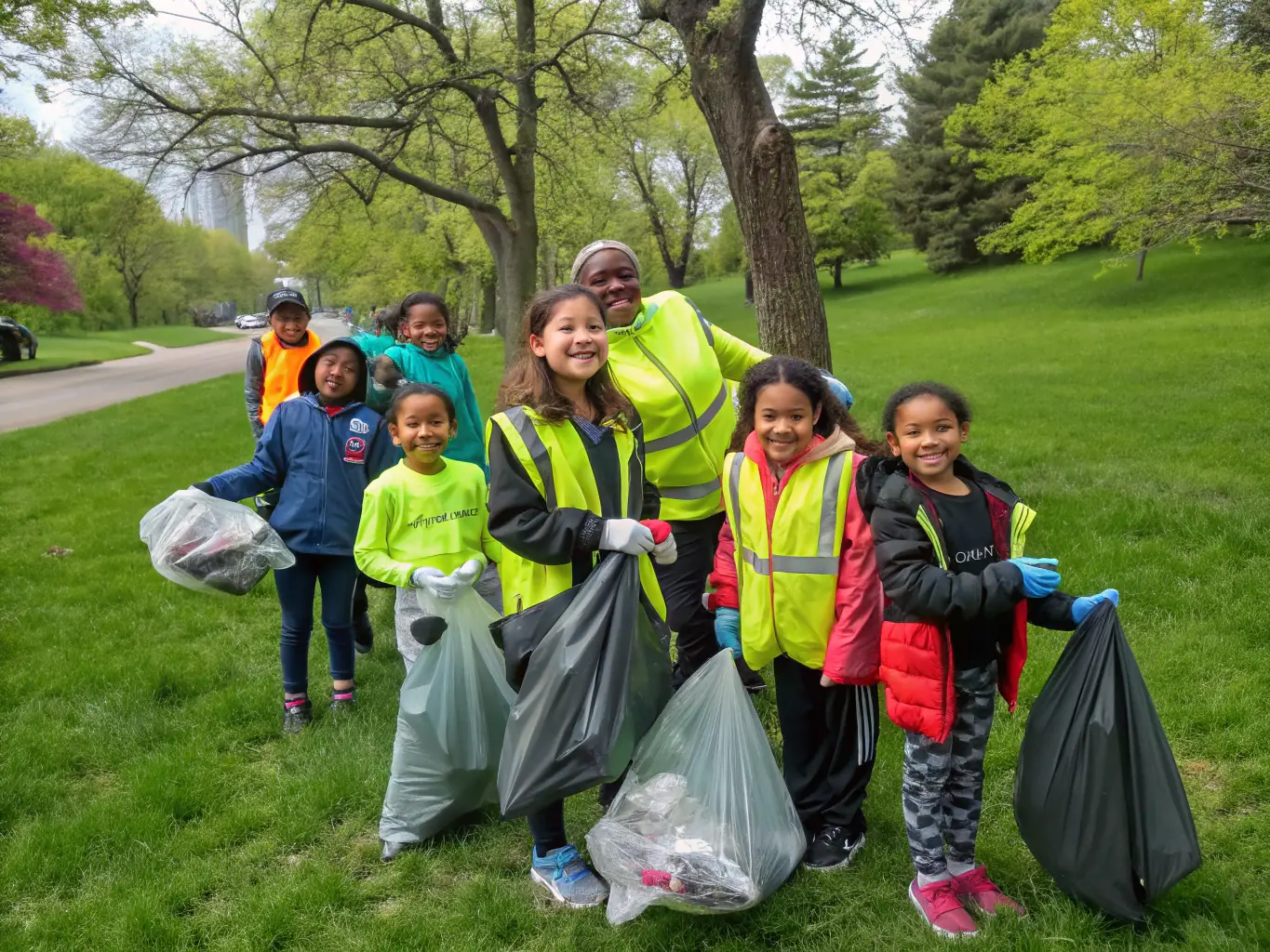 A photo of students engaged in a community service project, cleaning up a local park, demonstrating their commitment to community improvement and environmental stewardship.